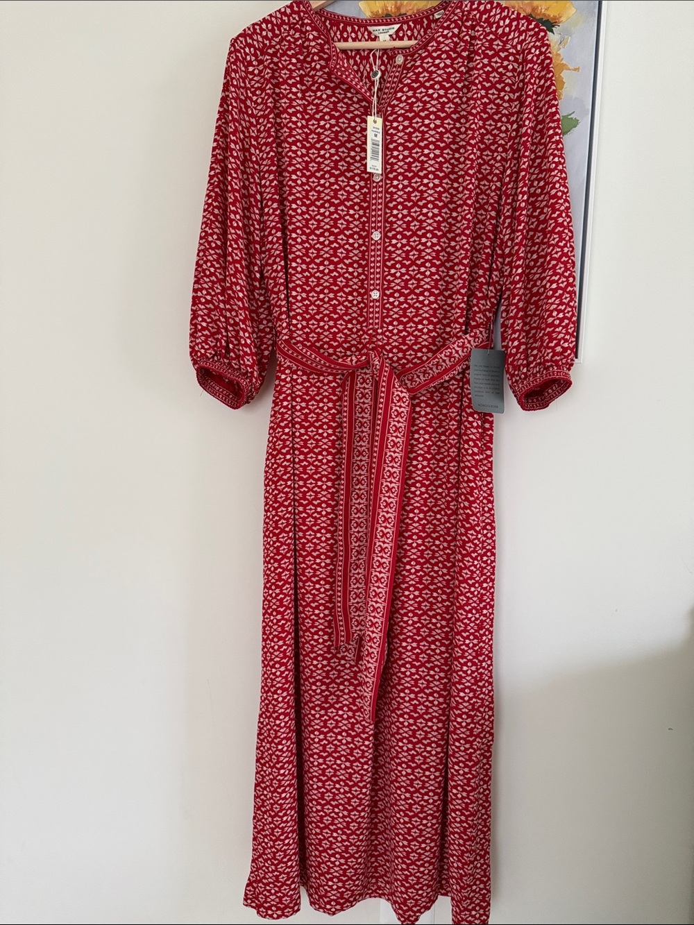 Max Studio Red Printed Maxi Shirt Dress with Tie Belt